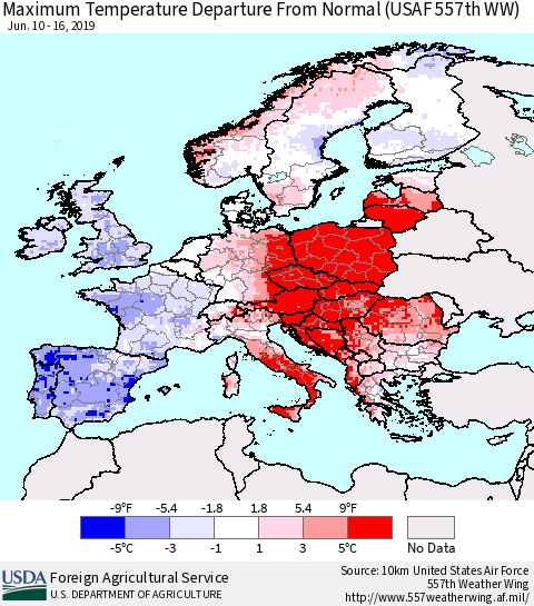 Europe Mean Maximum Temperature Departure from Normal (USAF 557th WW) Thematic Map For 6/10/2019 - 6/16/2019