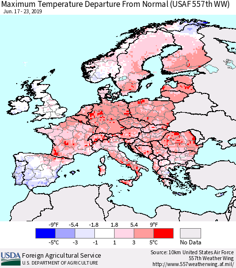 Europe Mean Maximum Temperature Departure from Normal (USAF 557th WW) Thematic Map For 6/17/2019 - 6/23/2019