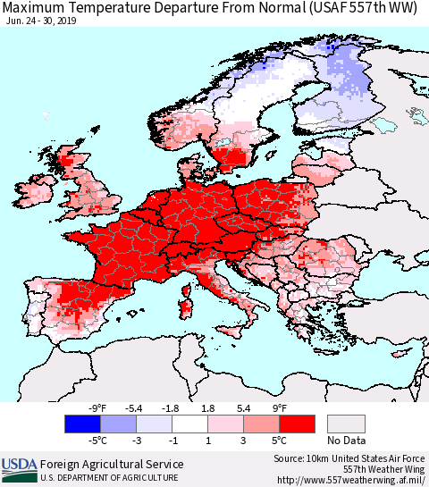 Europe Mean Maximum Temperature Departure from Normal (USAF 557th WW) Thematic Map For 6/24/2019 - 6/30/2019