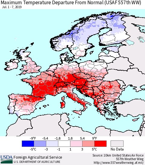 Europe Mean Maximum Temperature Departure from Normal (USAF 557th WW) Thematic Map For 7/1/2019 - 7/7/2019