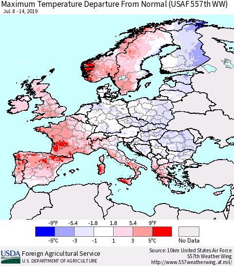 Europe Mean Maximum Temperature Departure from Normal (USAF 557th WW) Thematic Map For 7/8/2019 - 7/14/2019