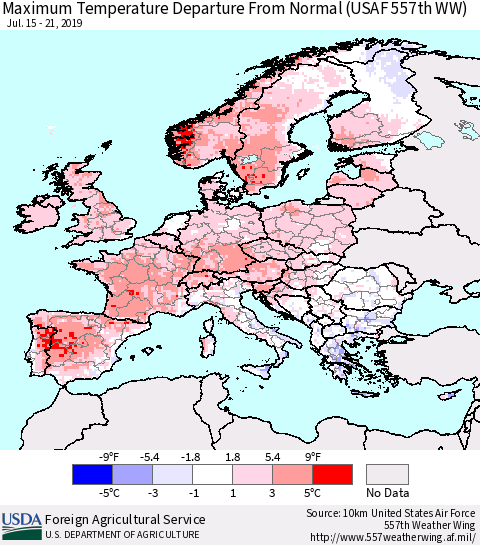 Europe Mean Maximum Temperature Departure from Normal (USAF 557th WW) Thematic Map For 7/15/2019 - 7/21/2019