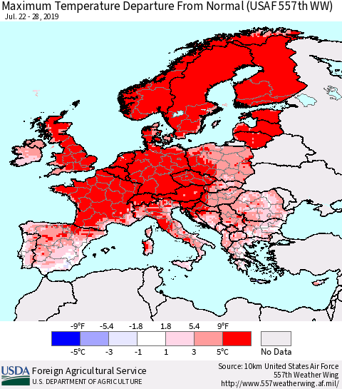 Europe Mean Maximum Temperature Departure from Normal (USAF 557th WW) Thematic Map For 7/22/2019 - 7/28/2019