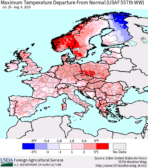 Europe Mean Maximum Temperature Departure from Normal (USAF 557th WW) Thematic Map For 7/29/2019 - 8/4/2019