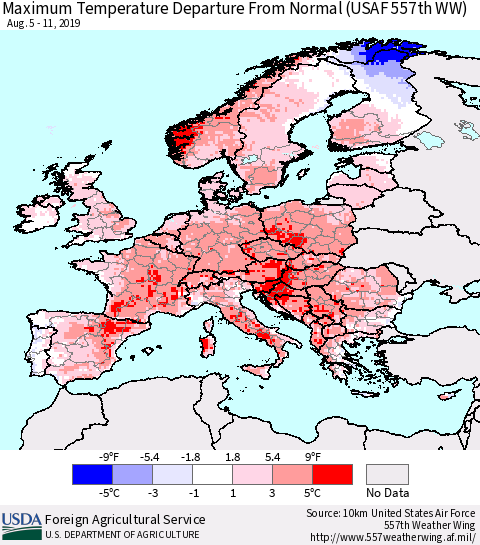 Europe Mean Maximum Temperature Departure from Normal (USAF 557th WW) Thematic Map For 8/5/2019 - 8/11/2019