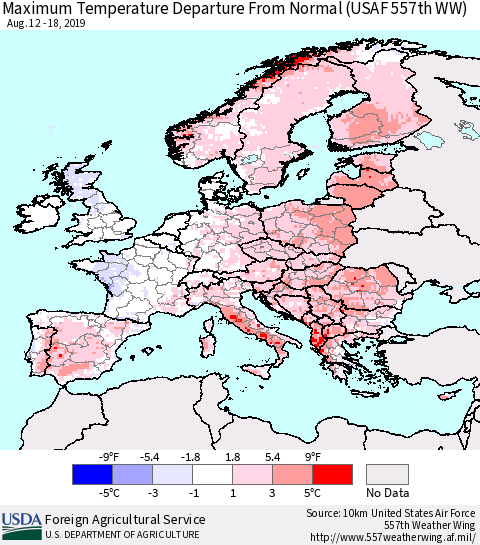 Europe Mean Maximum Temperature Departure from Normal (USAF 557th WW) Thematic Map For 8/12/2019 - 8/18/2019