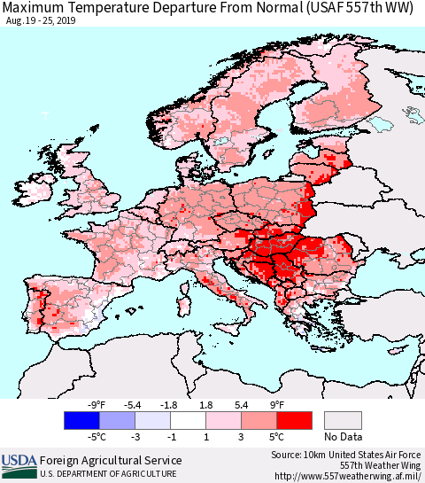 Europe Mean Maximum Temperature Departure from Normal (USAF 557th WW) Thematic Map For 8/19/2019 - 8/25/2019