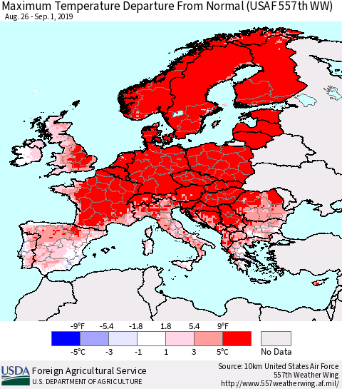 Europe Mean Maximum Temperature Departure from Normal (USAF 557th WW) Thematic Map For 8/26/2019 - 9/1/2019