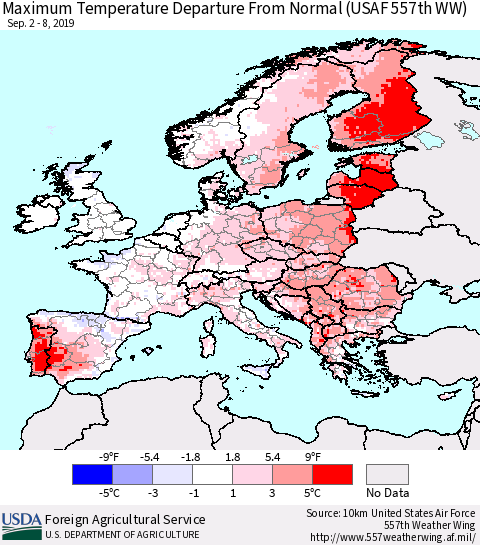 Europe Mean Maximum Temperature Departure from Normal (USAF 557th WW) Thematic Map For 9/2/2019 - 9/8/2019