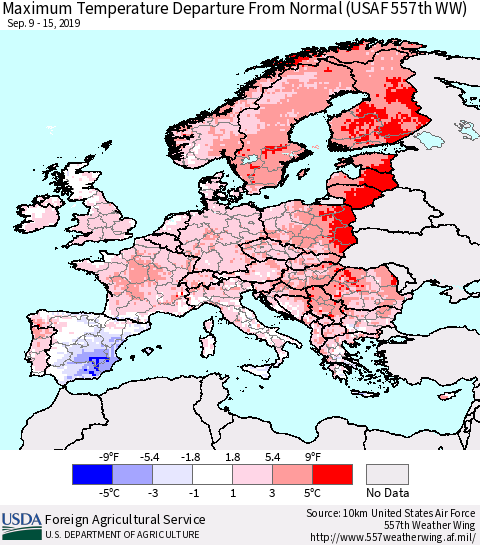 Europe Mean Maximum Temperature Departure from Normal (USAF 557th WW) Thematic Map For 9/9/2019 - 9/15/2019