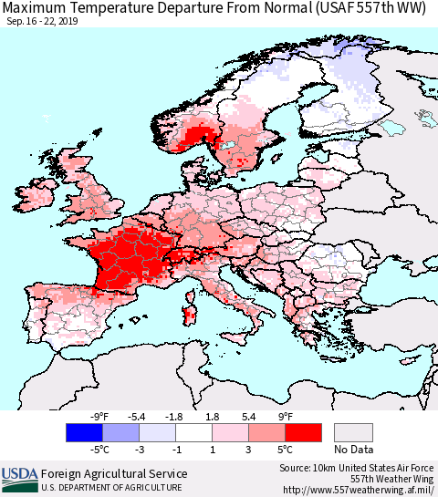 Europe Mean Maximum Temperature Departure from Normal (USAF 557th WW) Thematic Map For 9/16/2019 - 9/22/2019