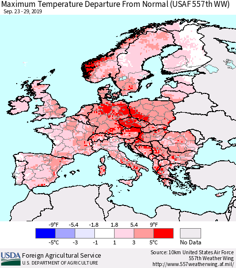 Europe Mean Maximum Temperature Departure from Normal (USAF 557th WW) Thematic Map For 9/23/2019 - 9/29/2019