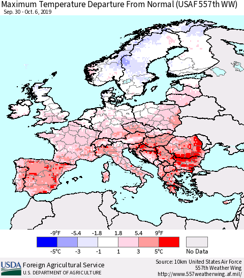 Europe Mean Maximum Temperature Departure from Normal (USAF 557th WW) Thematic Map For 9/30/2019 - 10/6/2019