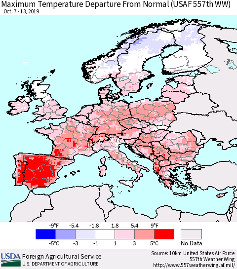 Europe Mean Maximum Temperature Departure from Normal (USAF 557th WW) Thematic Map For 10/7/2019 - 10/13/2019
