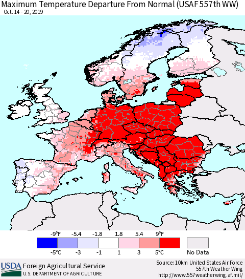 Europe Mean Maximum Temperature Departure from Normal (USAF 557th WW) Thematic Map For 10/14/2019 - 10/20/2019