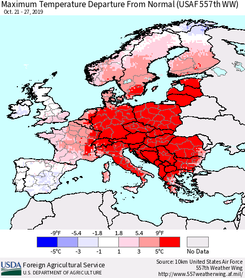 Europe Mean Maximum Temperature Departure from Normal (USAF 557th WW) Thematic Map For 10/21/2019 - 10/27/2019