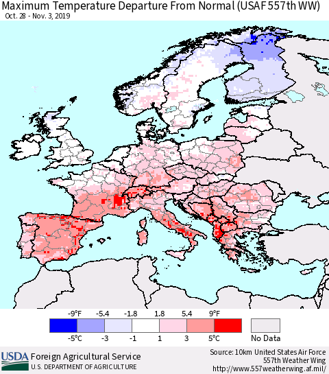 Europe Mean Maximum Temperature Departure from Normal (USAF 557th WW) Thematic Map For 10/28/2019 - 11/3/2019