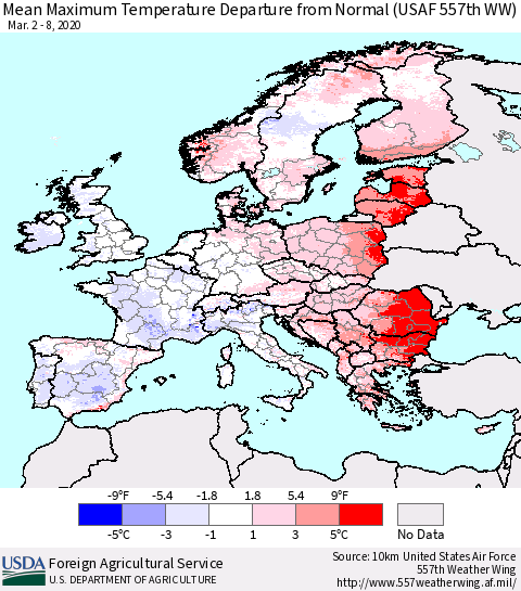 Europe Mean Maximum Temperature Departure from Normal (USAF 557th WW) Thematic Map For 3/2/2020 - 3/8/2020