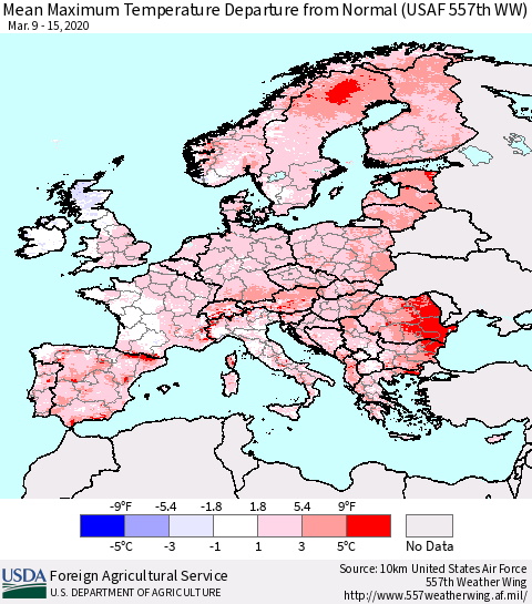 Europe Mean Maximum Temperature Departure from Normal (USAF 557th WW) Thematic Map For 3/9/2020 - 3/15/2020