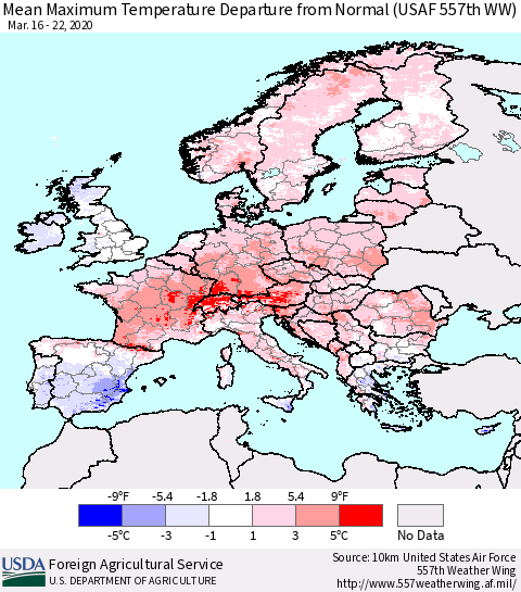 Europe Mean Maximum Temperature Departure from Normal (USAF 557th WW) Thematic Map For 3/16/2020 - 3/22/2020