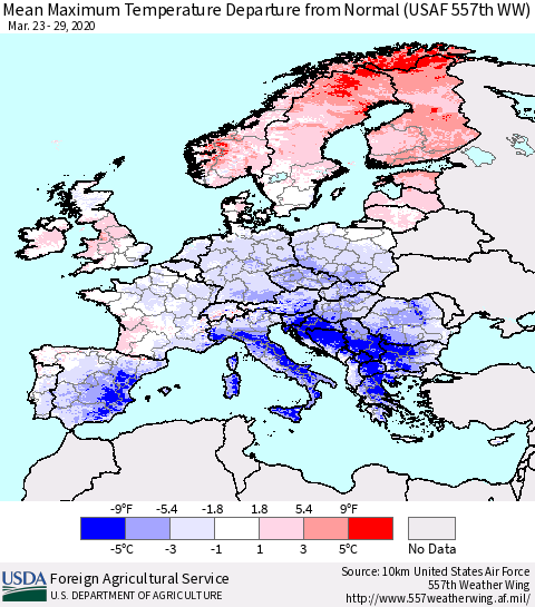 Europe Mean Maximum Temperature Departure from Normal (USAF 557th WW) Thematic Map For 3/23/2020 - 3/29/2020