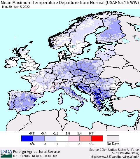 Europe Mean Maximum Temperature Departure from Normal (USAF 557th WW) Thematic Map For 3/30/2020 - 4/5/2020