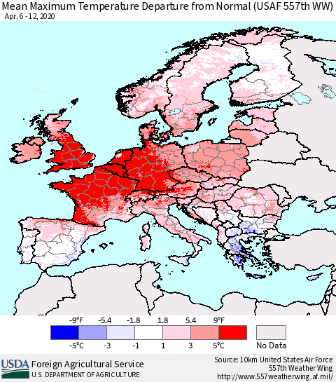 Europe Mean Maximum Temperature Departure from Normal (USAF 557th WW) Thematic Map For 4/6/2020 - 4/12/2020