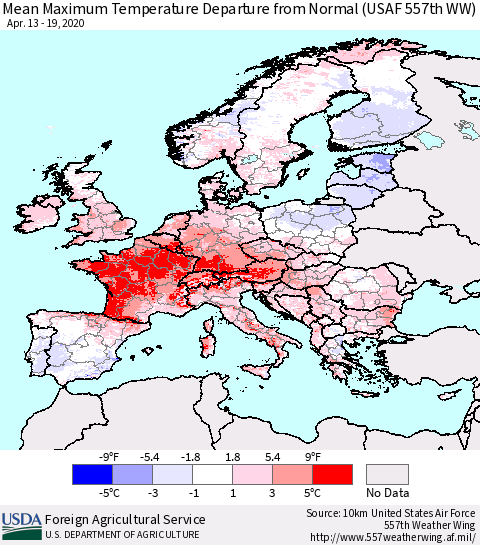Europe Mean Maximum Temperature Departure from Normal (USAF 557th WW) Thematic Map For 4/13/2020 - 4/19/2020