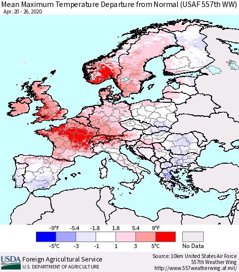 Europe Mean Maximum Temperature Departure from Normal (USAF 557th WW) Thematic Map For 4/20/2020 - 4/26/2020