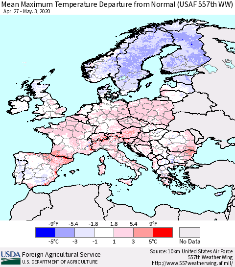 Europe Mean Maximum Temperature Departure from Normal (USAF 557th WW) Thematic Map For 4/27/2020 - 5/3/2020