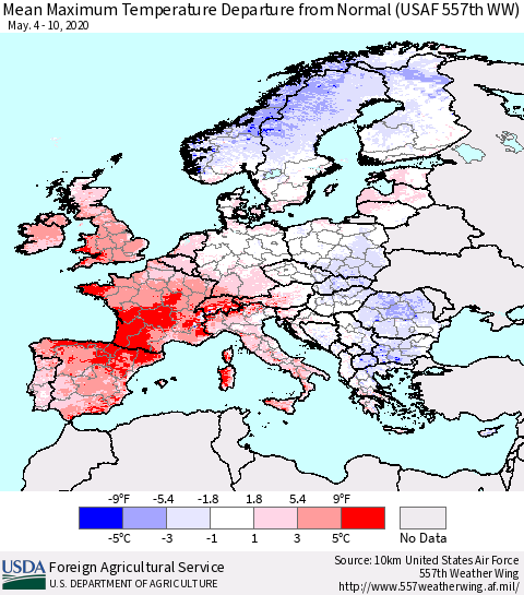 Europe Mean Maximum Temperature Departure from Normal (USAF 557th WW) Thematic Map For 5/4/2020 - 5/10/2020