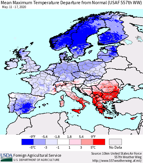 Europe Mean Maximum Temperature Departure from Normal (USAF 557th WW) Thematic Map For 5/11/2020 - 5/17/2020