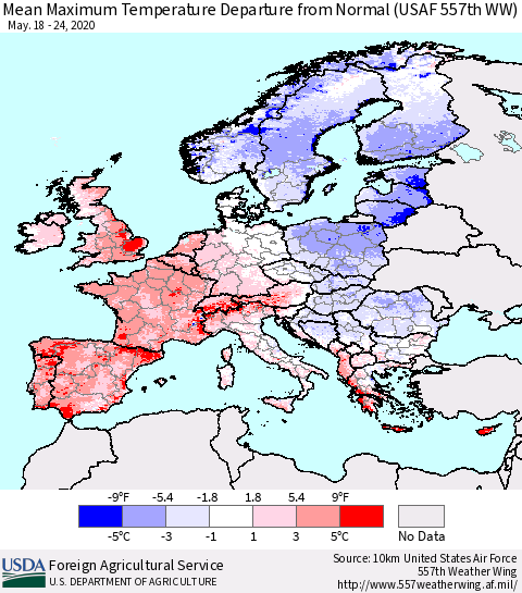 Europe Mean Maximum Temperature Departure from Normal (USAF 557th WW) Thematic Map For 5/18/2020 - 5/24/2020
