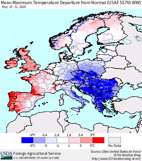Europe Mean Maximum Temperature Departure from Normal (USAF 557th WW) Thematic Map For 5/25/2020 - 5/31/2020