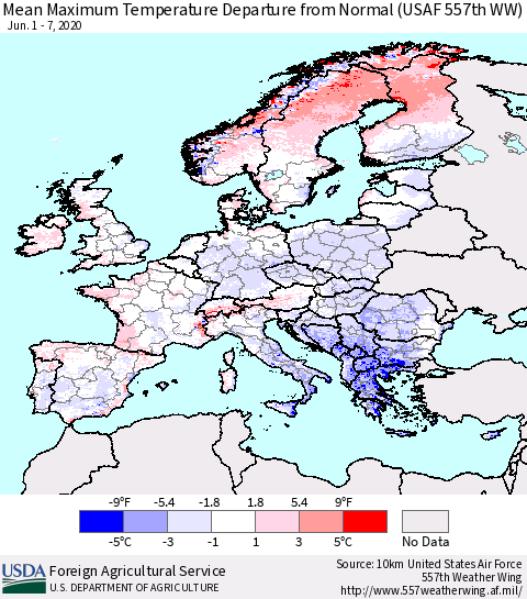 Europe Mean Maximum Temperature Departure from Normal (USAF 557th WW) Thematic Map For 6/1/2020 - 6/7/2020
