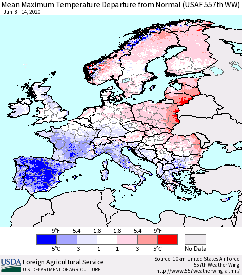 Europe Mean Maximum Temperature Departure from Normal (USAF 557th WW) Thematic Map For 6/8/2020 - 6/14/2020