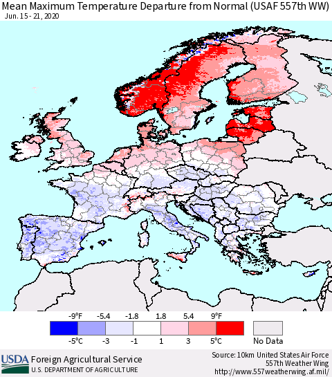 Europe Mean Maximum Temperature Departure from Normal (USAF 557th WW) Thematic Map For 6/15/2020 - 6/21/2020