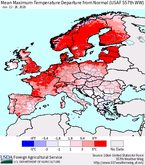 Europe Mean Maximum Temperature Departure from Normal (USAF 557th WW) Thematic Map For 6/22/2020 - 6/28/2020