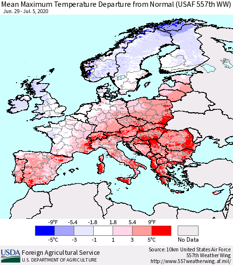 Europe Mean Maximum Temperature Departure from Normal (USAF 557th WW) Thematic Map For 6/29/2020 - 7/5/2020