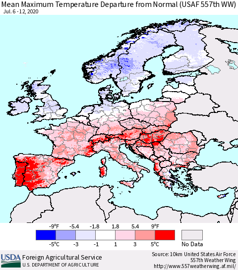 Europe Mean Maximum Temperature Departure from Normal (USAF 557th WW) Thematic Map For 7/6/2020 - 7/12/2020