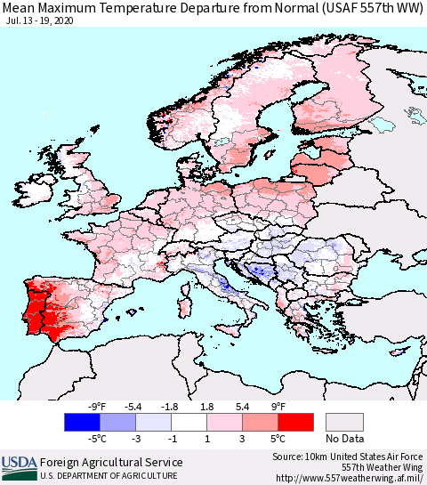 Europe Mean Maximum Temperature Departure from Normal (USAF 557th WW) Thematic Map For 7/13/2020 - 7/19/2020