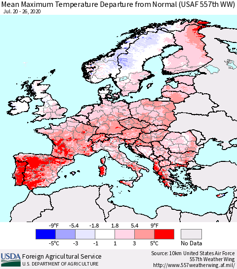 Europe Mean Maximum Temperature Departure from Normal (USAF 557th WW) Thematic Map For 7/20/2020 - 7/26/2020