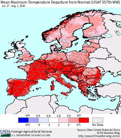 Europe Mean Maximum Temperature Departure from Normal (USAF 557th WW) Thematic Map For 7/27/2020 - 8/2/2020