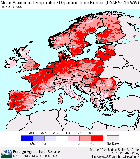 Europe Mean Maximum Temperature Departure from Normal (USAF 557th WW) Thematic Map For 8/3/2020 - 8/9/2020