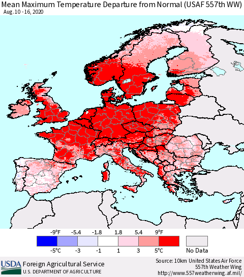 Europe Mean Maximum Temperature Departure from Normal (USAF 557th WW) Thematic Map For 8/10/2020 - 8/16/2020