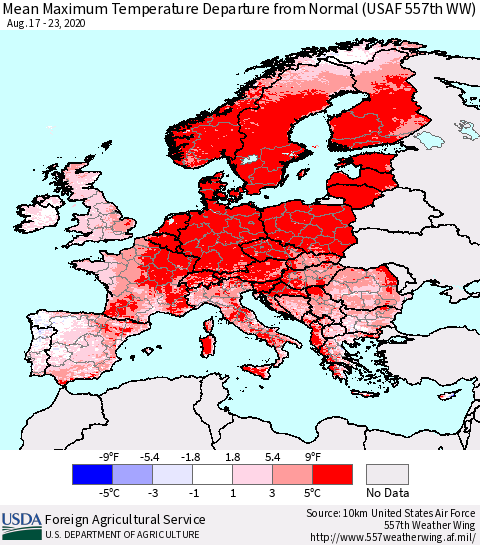 Europe Mean Maximum Temperature Departure from Normal (USAF 557th WW) Thematic Map For 8/17/2020 - 8/23/2020