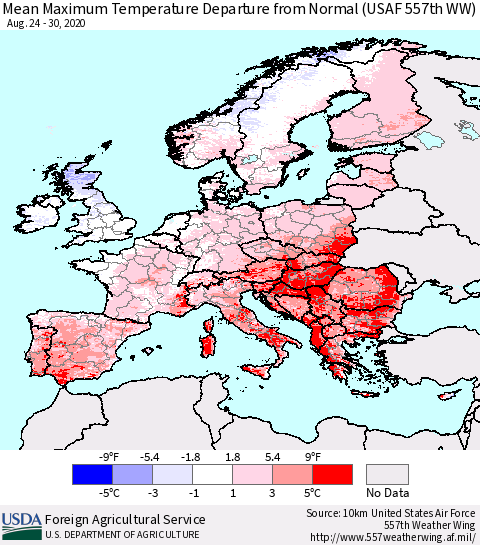 Europe Mean Maximum Temperature Departure from Normal (USAF 557th WW) Thematic Map For 8/24/2020 - 8/30/2020
