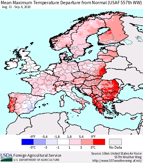 Europe Mean Maximum Temperature Departure from Normal (USAF 557th WW) Thematic Map For 8/31/2020 - 9/6/2020