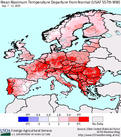 Europe Mean Maximum Temperature Departure from Normal (USAF 557th WW) Thematic Map For 9/7/2020 - 9/13/2020