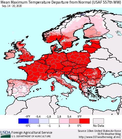 Europe Mean Maximum Temperature Departure from Normal (USAF 557th WW) Thematic Map For 9/14/2020 - 9/20/2020